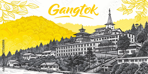 Gangtok Skyline Sketch with Cultural Touch – Hand-Drawn Line Art Featuring Rumtek Monastery, MG Marg, Hanuman Tok and Himalayan Mountains for Sikkim Tourism Use