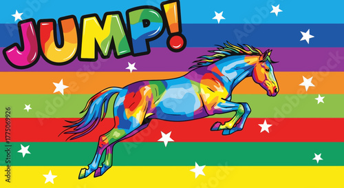 A vibrant, rainbow-colored horse mid-jump against a striped background with white stars.