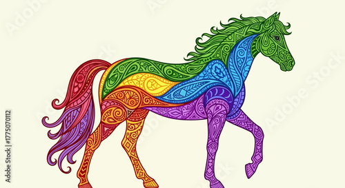 A beautifully illustrated horse with intricate paisley patterns and a vibrant rainbow color gradient.