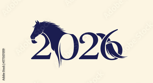 A stylized dark blue horse forms part of the numbers 2026, creating a unique graphic design.