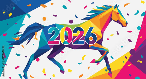 Colorful geometric illustration of a horse with the year 2026, celebrating a future event.