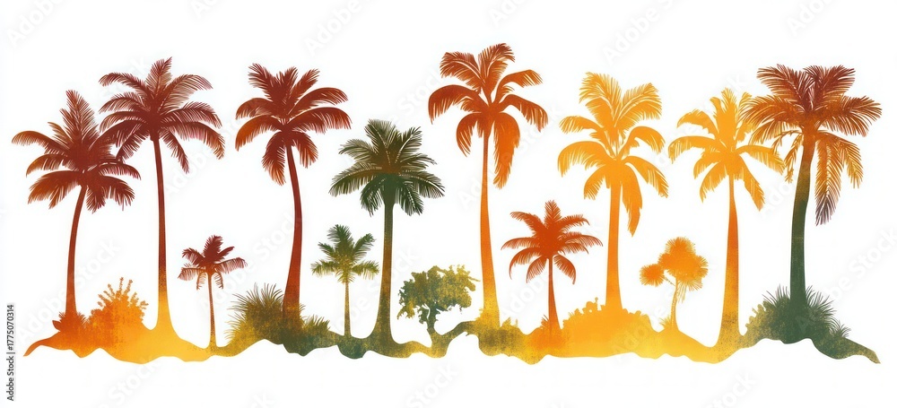 Obraz premium silhouettes of tall palm trees and smaller tropical plants in gradient shades of orange green and yellow on a white background