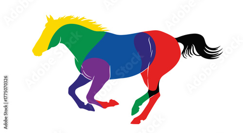 A stylized illustration of a running horse with its body colored in vibrant rainbow sections against a white background.