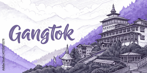 Gangtok Skyline Sketch with Cultural Touch – Hand-Drawn Line Art Featuring Rumtek Monastery, MG Marg, Hanuman Tok and Himalayan Mountains for Sikkim Tourism Use