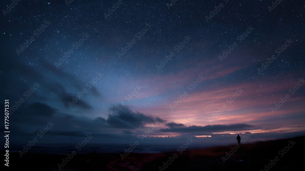 Fototapeta premium A solitary figure observes a star filled night sky painted with vibrant twilight hues and dramatic clouds