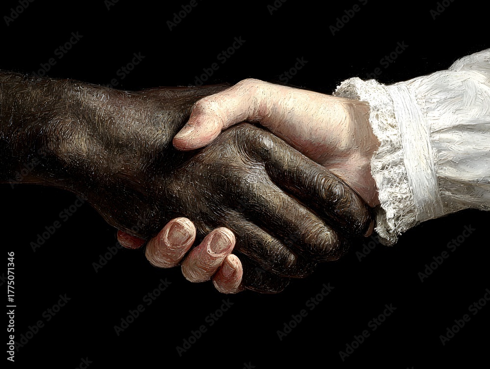 Fototapeta premium A light skinned hand warmly grasps a dark skinned hand in a show of unity and racial reconciliation.