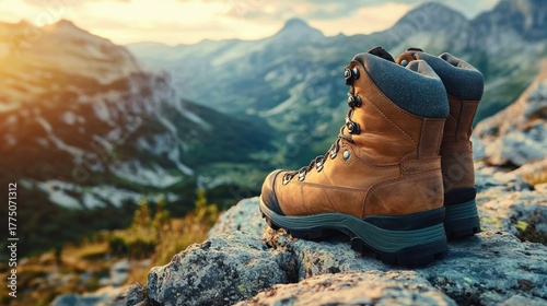 Pair of hiking boots placed on rocky terrain with a blurred mountain landscape and soft sunlight in the background, evoking adventure and exploration