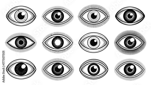 Eye-catching collection of stylized eyes for edgy design projects, perfect for tattoos, logos, or mystical art needing a modern yet vintage flair