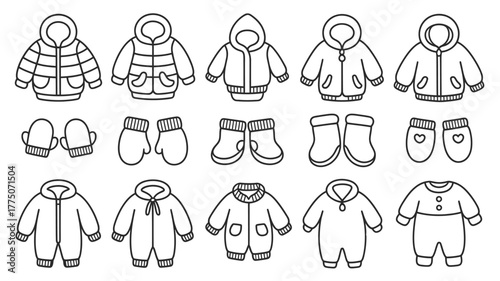 Adorable hand-drawn baby winter clothes set including jackets, mittens and boots for cute designs or educational resources about dressing for cold weather
