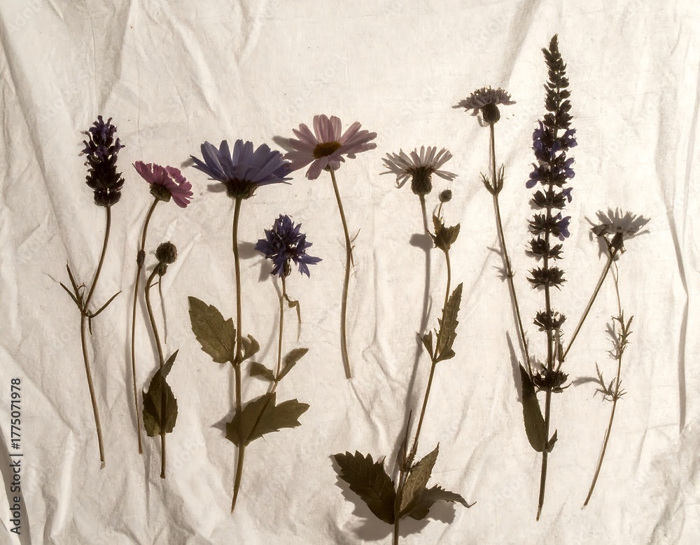 Naklejka premium Assorted pressed wildflowers, purple, pink, white, and blue, laid on wrinkled white cloth