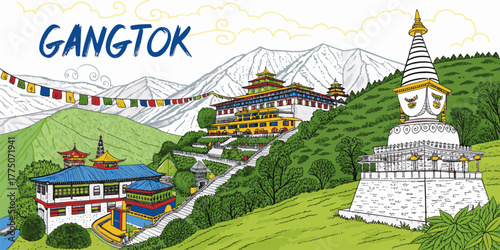 Gangtok Skyline Sketch with Cultural Touch – Hand-Drawn Line Art Featuring Rumtek Monastery, MG Marg, Hanuman Tok and Himalayan Mountains for Sikkim Tourism Use