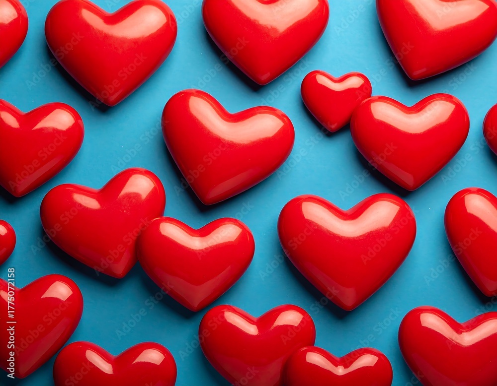 Fototapeta premium Assorted red hearts scattered across a solid teal background, creating a vibrant pattern
