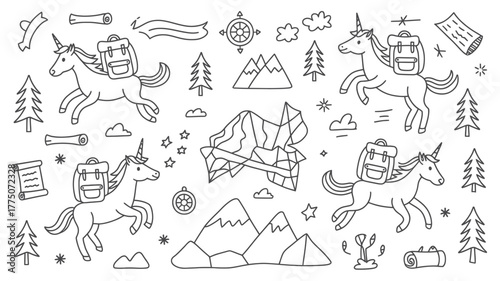 Dreamy unicorn adventurers exploring majestic mountains and forests with backpacks, perfect for whimsical designs and imaginative projects