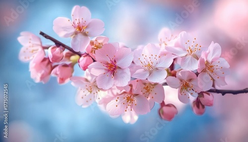 Close-up of delicate pink cherry blossoms on a branch against a soft blue and pink blurred background evoking tranquility and renewal