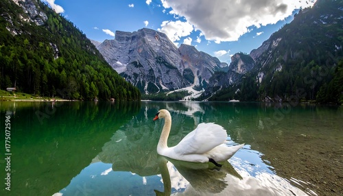 Fototapeta Naklejka Na Ścianę i Meble -  A white swan gracefully glides on a serene alpine lake