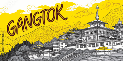 Gangtok Skyline Sketch with Cultural Touch – Hand-Drawn Line Art Featuring Rumtek Monastery, MG Marg, Hanuman Tok and Himalayan Mountains for Sikkim Tourism Use