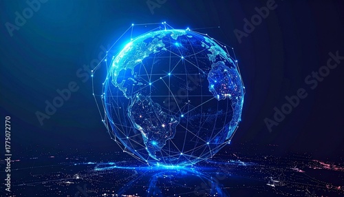 Digital representation of Earth connected by glowing lines in a futuristic network design at night