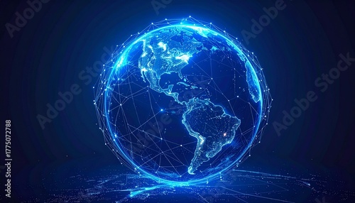 Digital representation of Earth connected by glowing lines in a futuristic network design at night