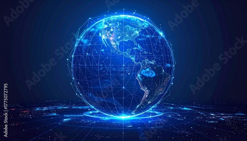 Digital representation of Earth connected by glowing lines in a futuristic network design at night