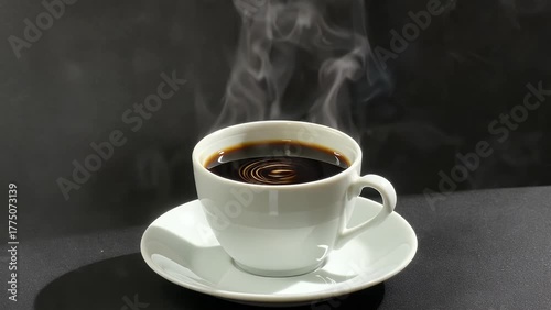 rising from a dark roasted beverage contained within a white porcelain vessel positioned against a solid black