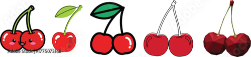 Diverse Cherry Fruit Vector Set: Cute Cartoon, Outline, and Low Poly Styles