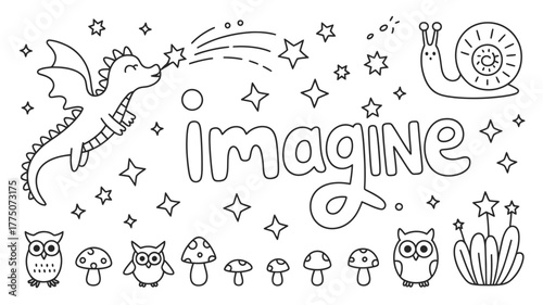 Enchanting dragon blowing stars with cute owls and mushrooms, perfect for kids' creativity and whimsical designs, sparks joy and inspires imagination