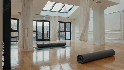 Tightly Rolled Exercise Mat Positioned on a Polished Wooden Floor Within an Empty Fitness