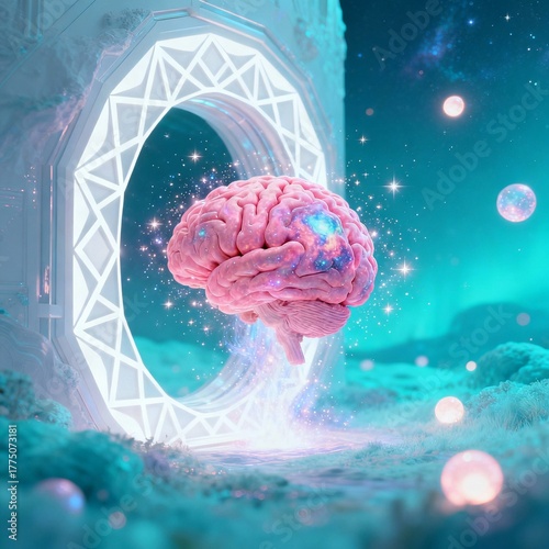 Surreal Pink Human Brain Floating Through Futuristic Glowing Portal in Dreamlike Cosmic Landscape, Symbol of Artificial Intelligence and Creativity