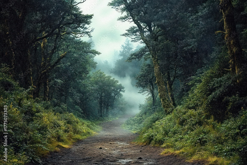Fototapeta premium Misty forest path surrounded by dense green trees and lush undergrowth creating an atmospheric and serene nature scene