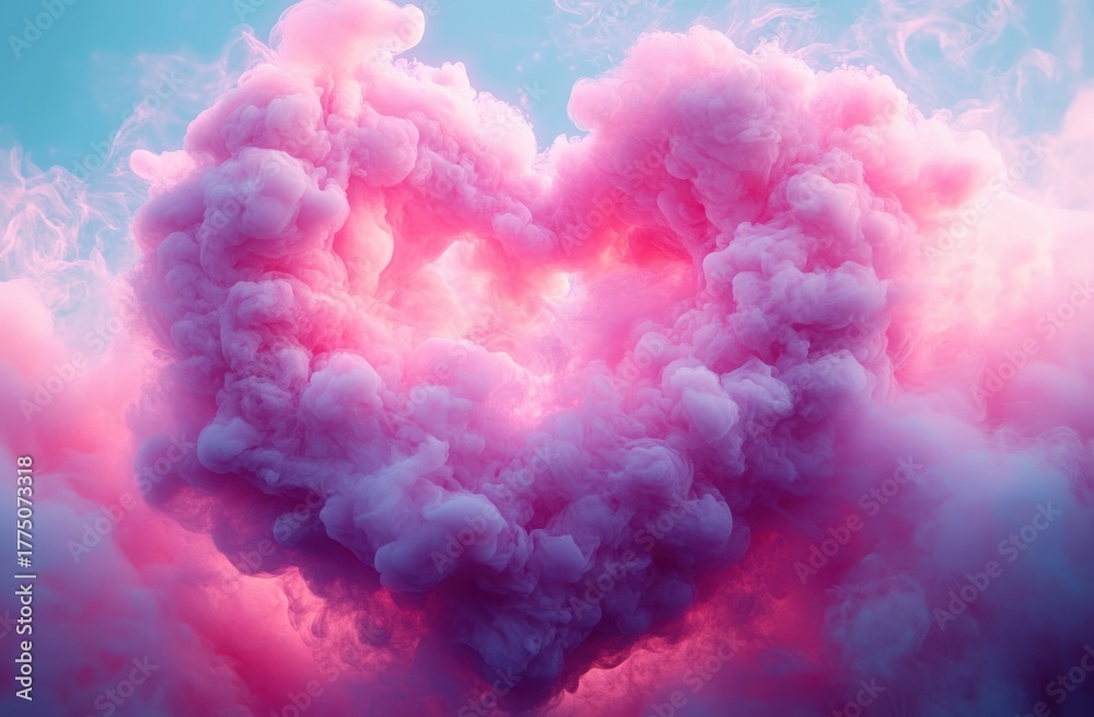 Fototapeta premium Fluffy pink smoke forming a heart shape floating in a blue sky with a soft glowing light inside the heart, evoking warmth and love