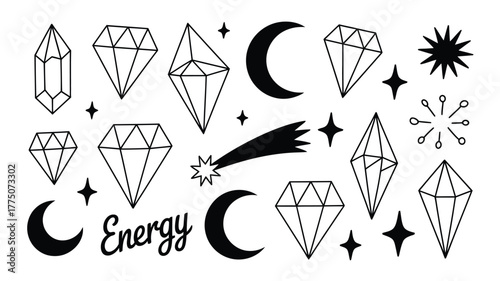 Magical energy pattern with crystals, moons, stars and comet illustration for spiritual wellness brand, perfect for mystical, bohemian design elements