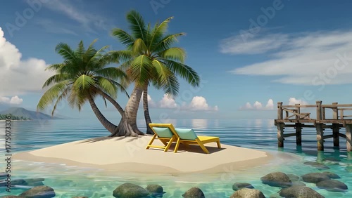 Generated Imagery of a Miniature Tropical Isle with a Single Palm Tree and a Lounge