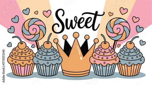 Adorable cupcakes and lollipops with a golden crown create a sweet treat celebration with hearts and pastel colors for a whimsical design