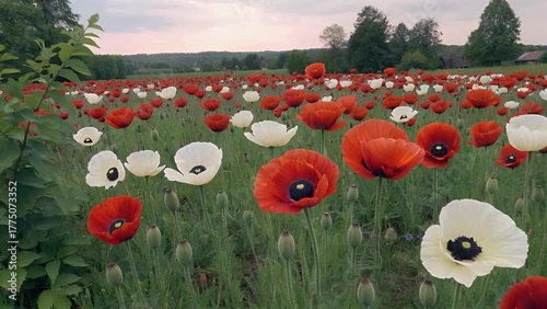 of blooming opium poppy flowers  scientifically known as papaver somniferum  featuring red and white poppies cultivated for industrial
