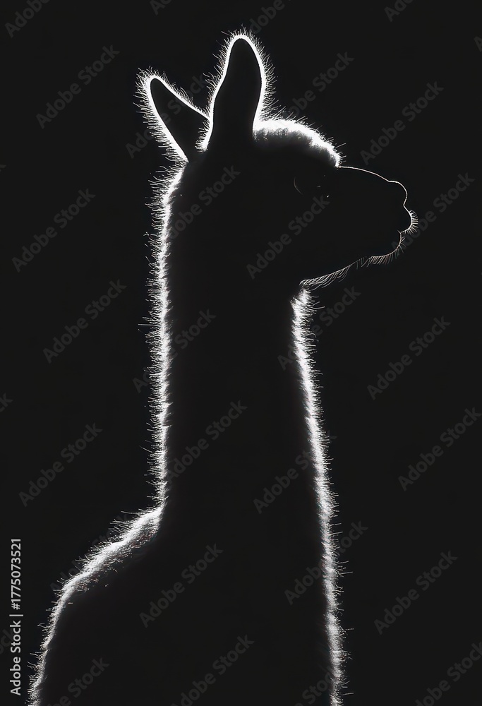 Naklejka premium Silhouette of a llama illuminated by backlight highlighting its fur texture against a dark background