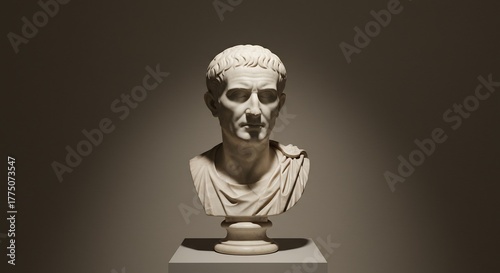 Marble bust of a man with short hair draped in cloth atop a pedestal Lit from above