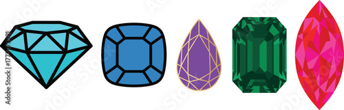 Set of Various Shaped Gemstones and Diamond Cuts Vector Collection