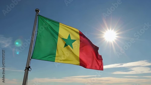flag of a country waving from a pole under the illumination of a bright sun in a clear blue summer sky symbolizing
