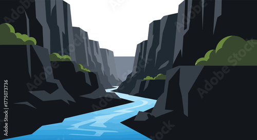 A winding blue river flows through a deep dramatic canyon with steep dark cliffs and green vegetation