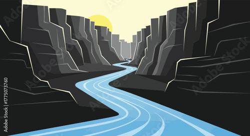 Stylized illustration of a winding river flowing through a dramatic canyon at sunset with warm golden light