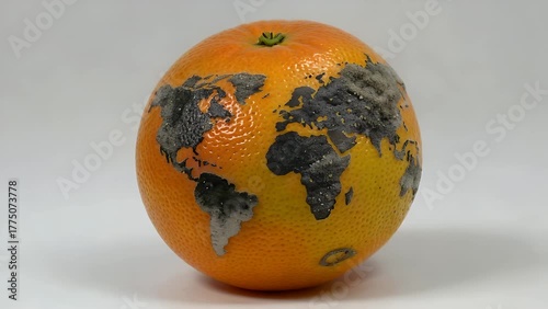 Artistic Composition Depicting an Orange with Fungal Decomposition Resembling a Cartographic Representation of the