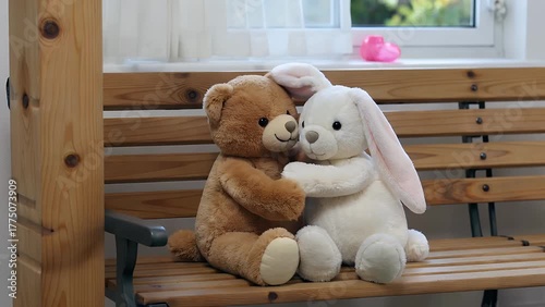 teddy bear and bunny toys depicted as best friends sitting together on a wooden bench or rocking horse indoors  shown from the back with copy space  conveying themes of love  family  childhood  and