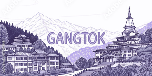 Gangtok Skyline Sketch with Cultural Touch – Hand-Drawn Line Art Featuring Rumtek Monastery, MG Marg, Hanuman Tok and Himalayan Mountains for Sikkim Tourism Use
