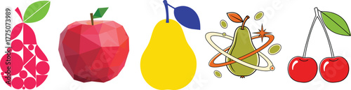Abstract and Stylized Fruit Vector Icons: Pear, Apple, and Cherry Set