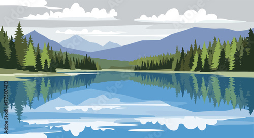 Serene mountain lake landscape with evergreen forest and reflecting peaks under cloudy sky