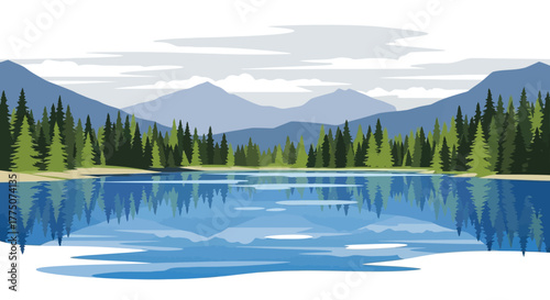 Serene mountain lake reflecting evergreen forest and distant peaks under a cloudy sky