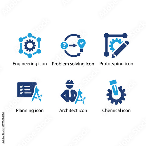 Engineering, Problem solving, Prototyping, Planning, Architect, Chemical, Blue Icon Set