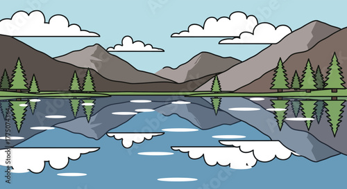 Serene mountain landscape with calm lake reflecting peaks and clouds in a stylized drawing