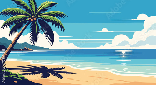 Vibrant pixel art illustration of a serene tropical beach with a lone palm tree and calm ocean under a bright blue sky