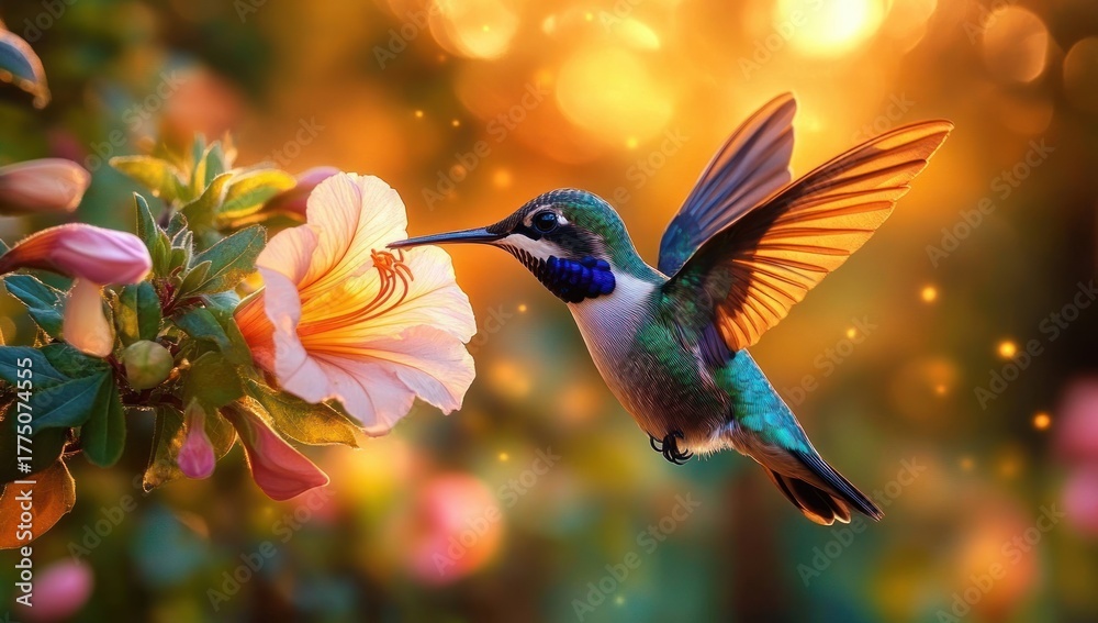 Obraz premium vibrant hummingbird with green and blue feathers hovering near a pale pink flower with golden glowing background